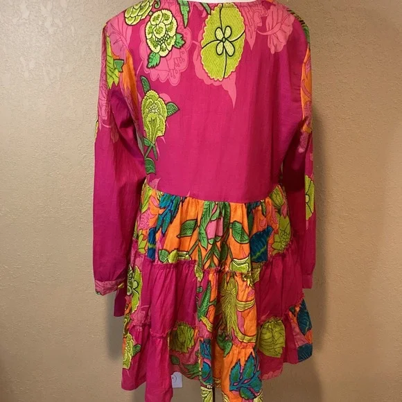 Velzera Hot Pink Long Sleeve Tiered Mini Dress, Size Medium, runs small, Floral - Picture 4 of 7
